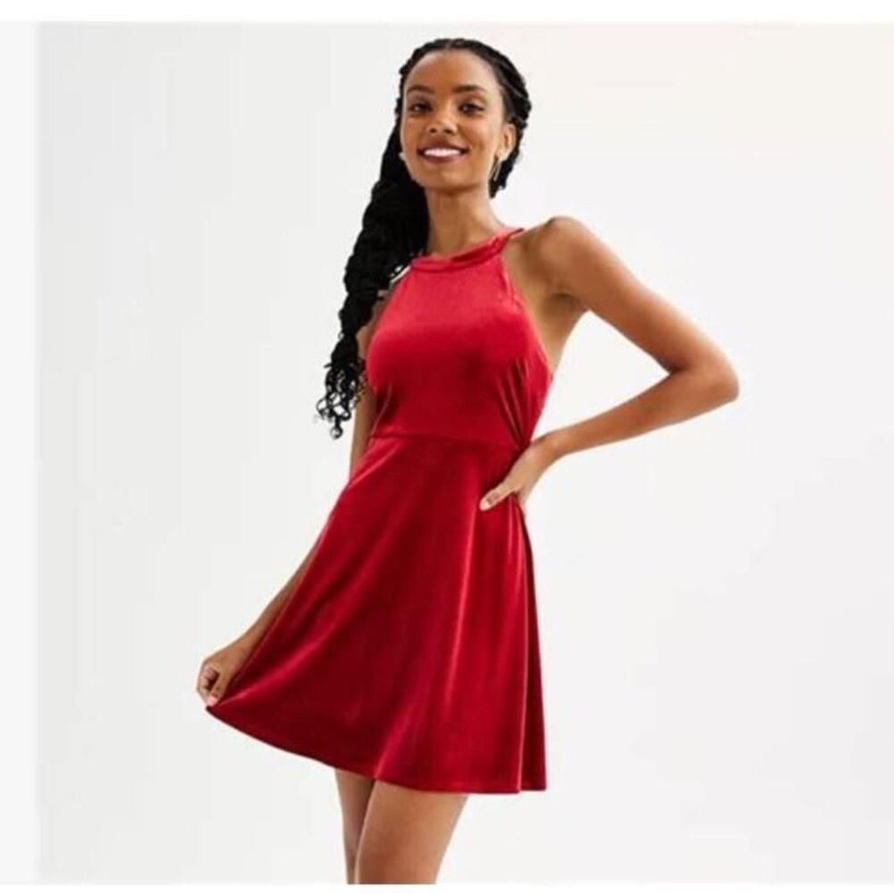NWT Live to Be Spoiled Velvet Halter Neck Skater Dress Juniors XS